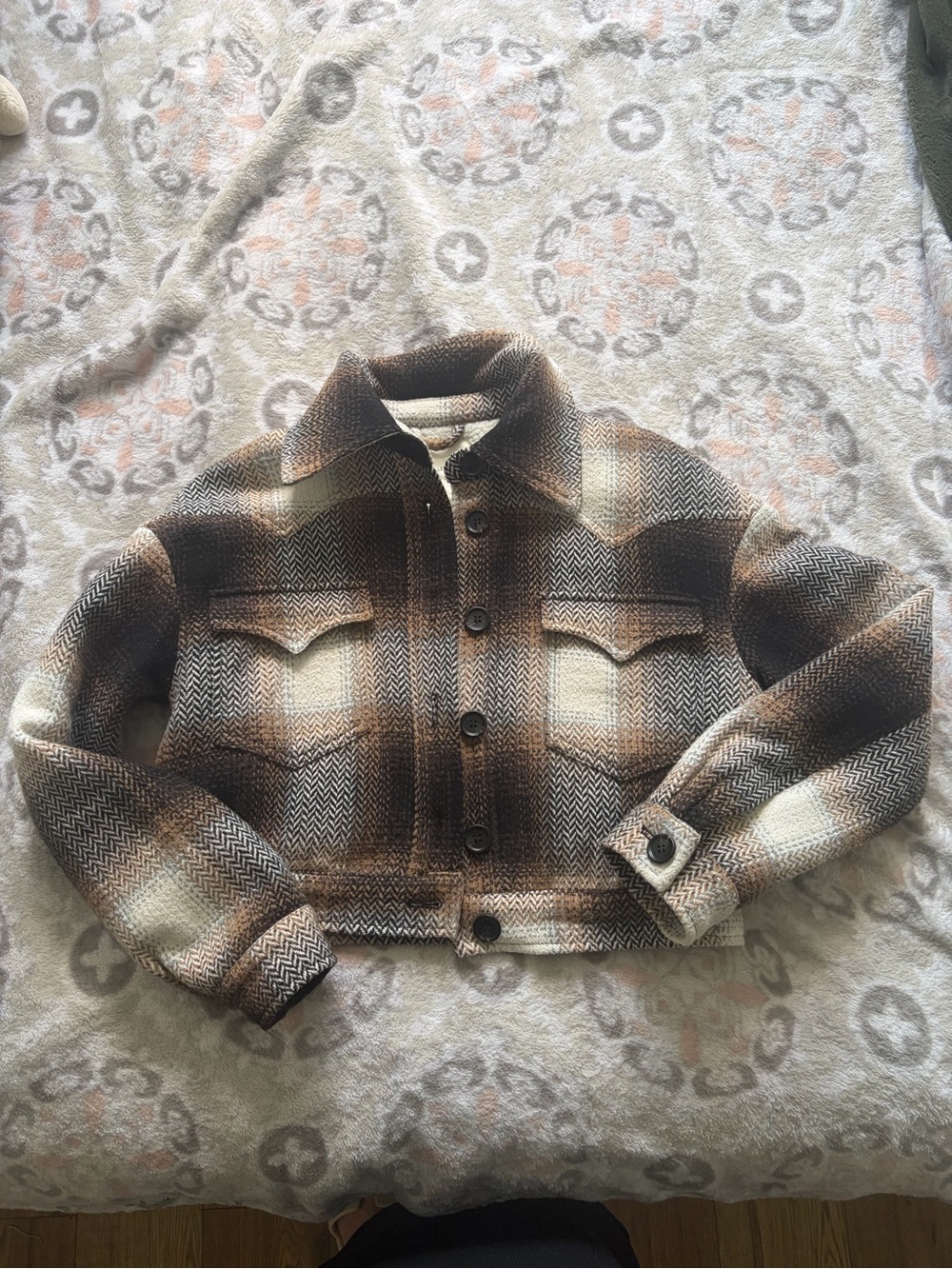 Avec Les Filles Cropped Plaid Jacket in Brown & Cream
